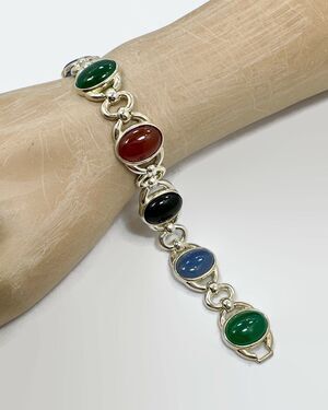 Vintage Sterling Silver Onyx Bracelet: Multi Stone Thailand Jewelry